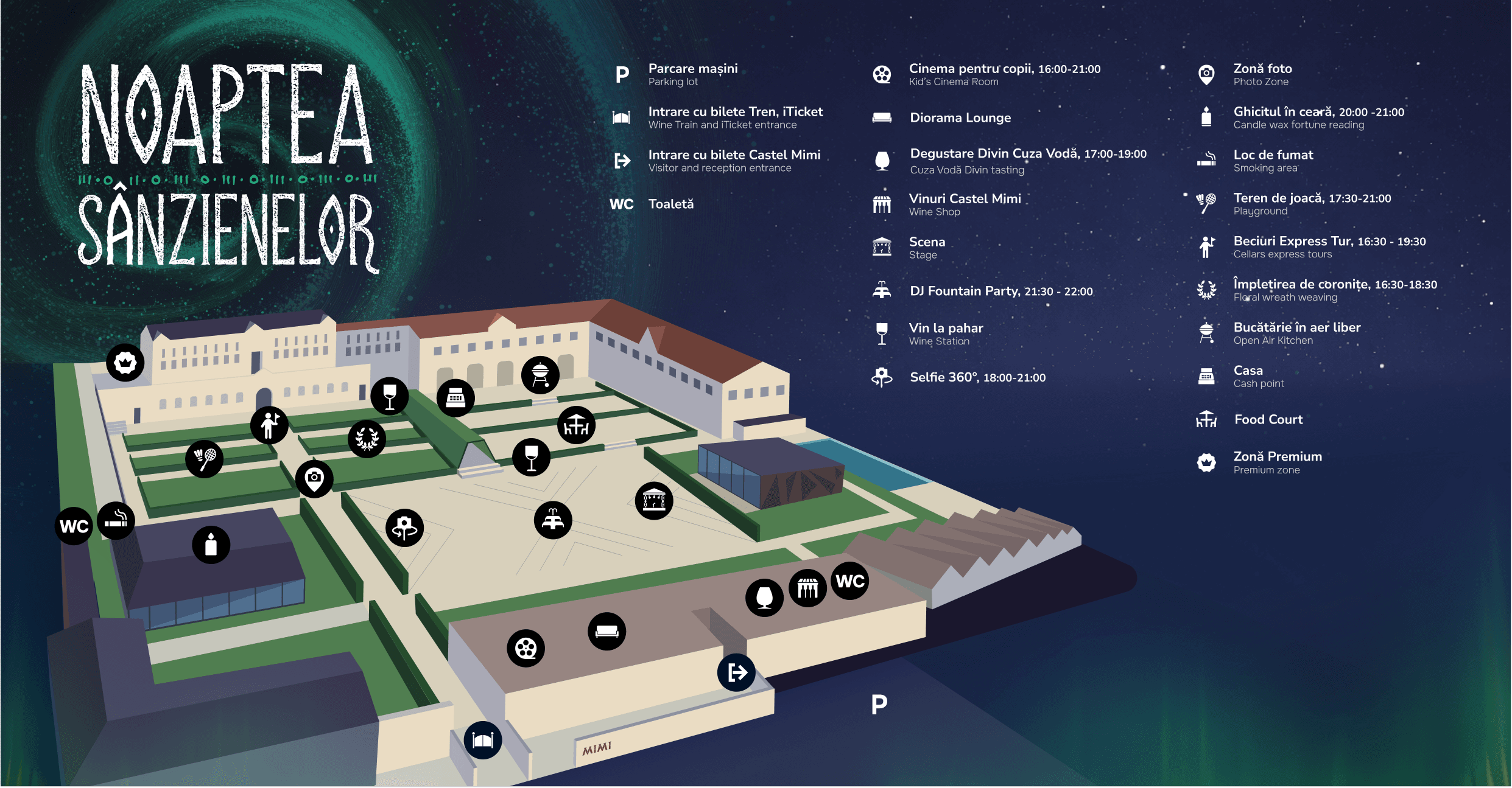 Nighttime festival map for Noaptea Sânzienelor showing buildings, terraces, and markers for parking, restrooms, stages, and attractions.