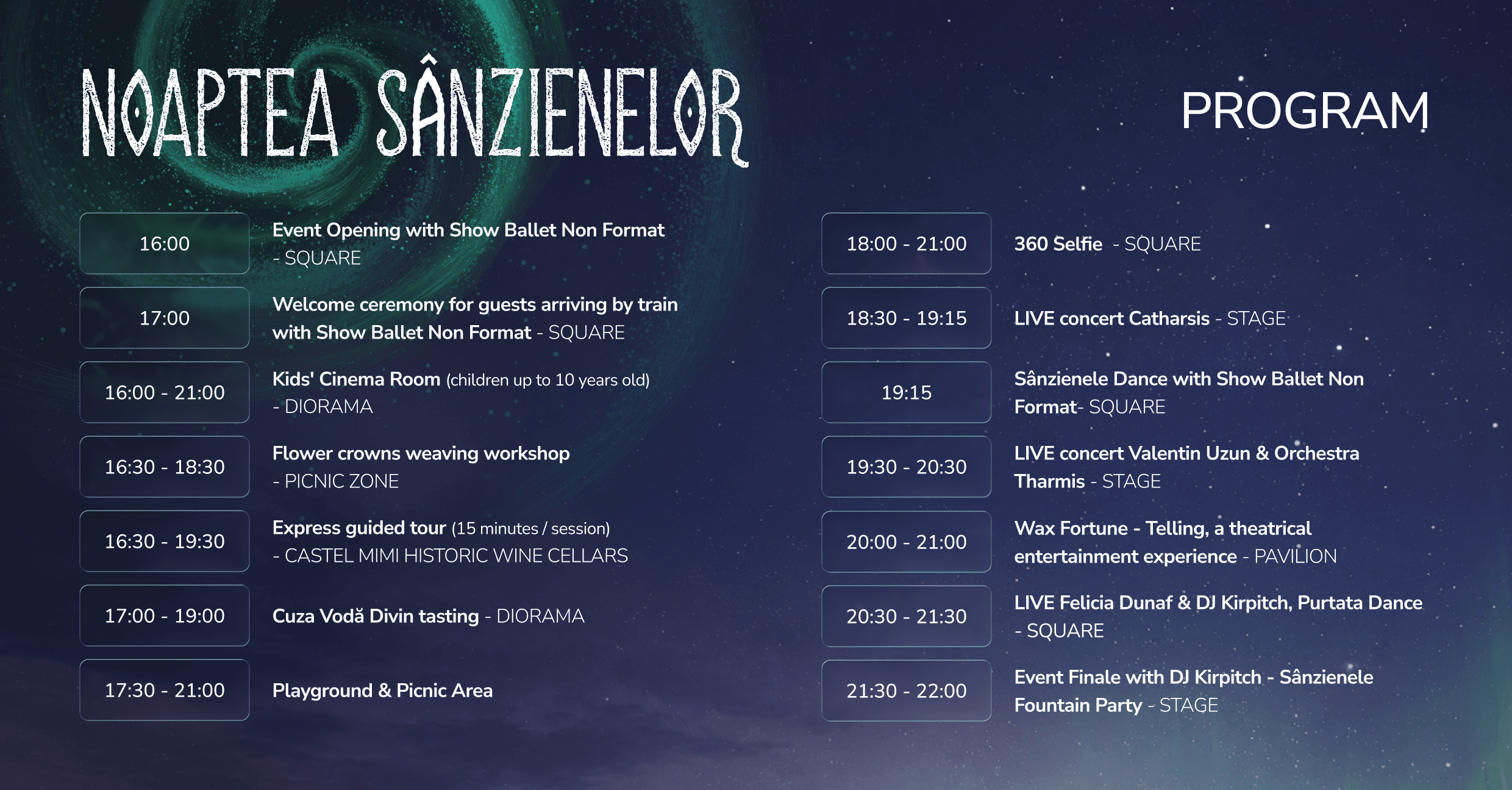 Poster showing Noaptea Sânzienelor program with two-column schedule of times and events on a starry blue background.