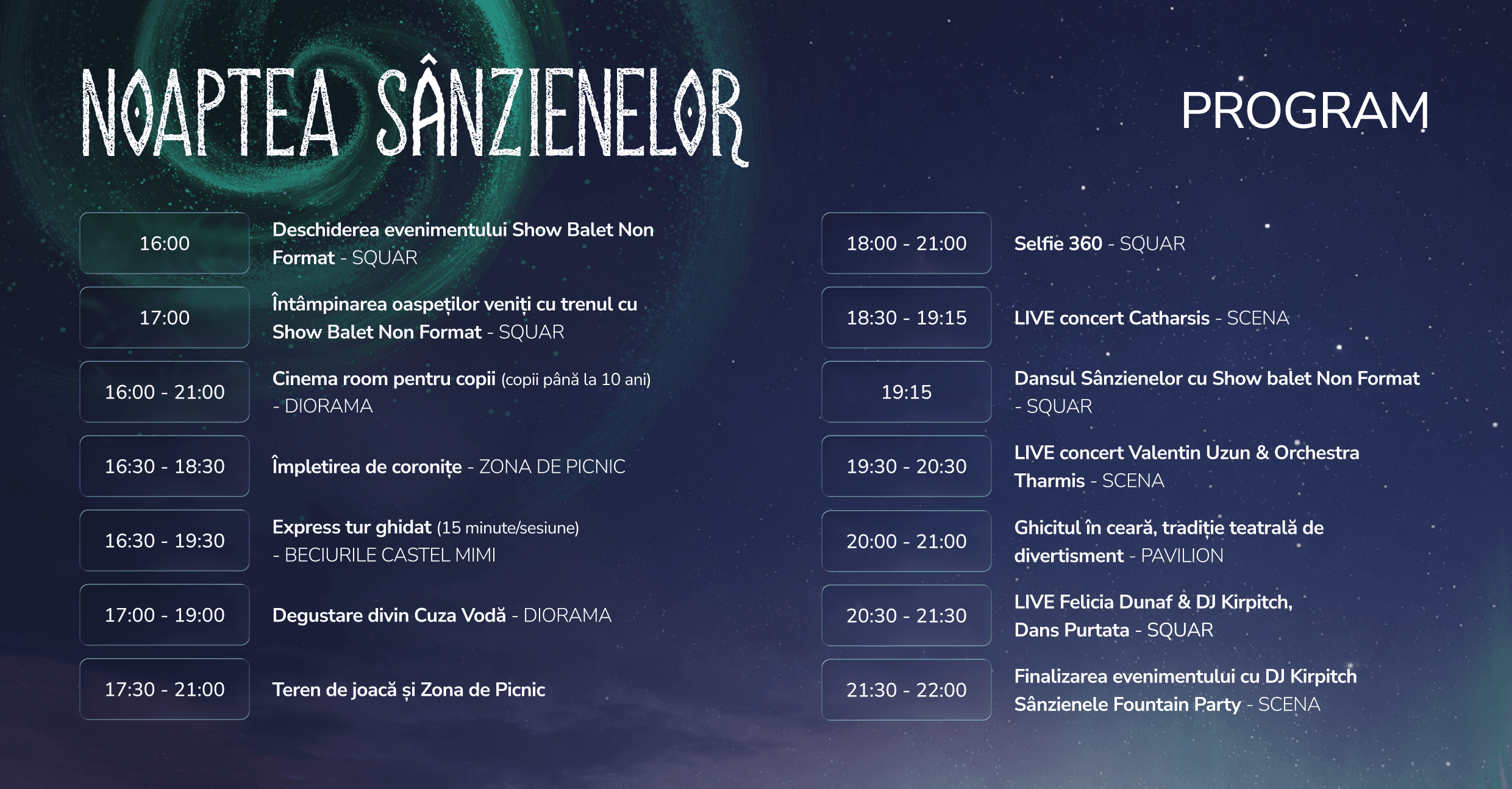 Program de noapte cu ore și titluri de evenimente pe fundal ceresc, în două coloane de text sensibile la citire.
