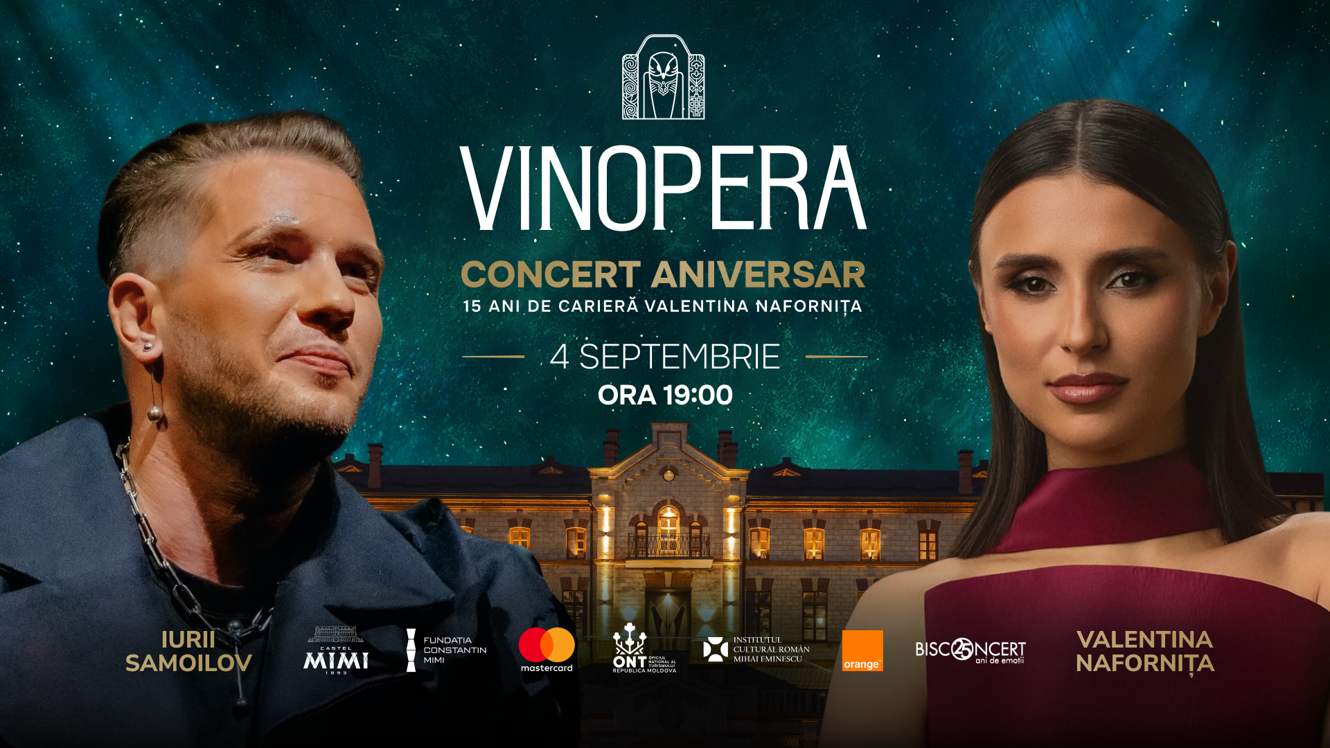 Vinopera Concert Aniversar banner with two performers on each side, starry sky background, central venue image, date September 4 at 19:00 and sponsor logos at bottom.