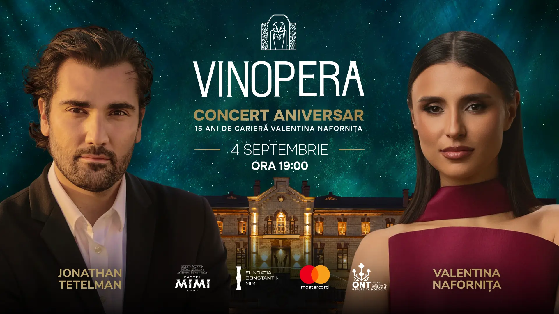 Vinopera concert poster with two singers on each side, a starry teal sky, and a lit historic building below; event details in the center.
