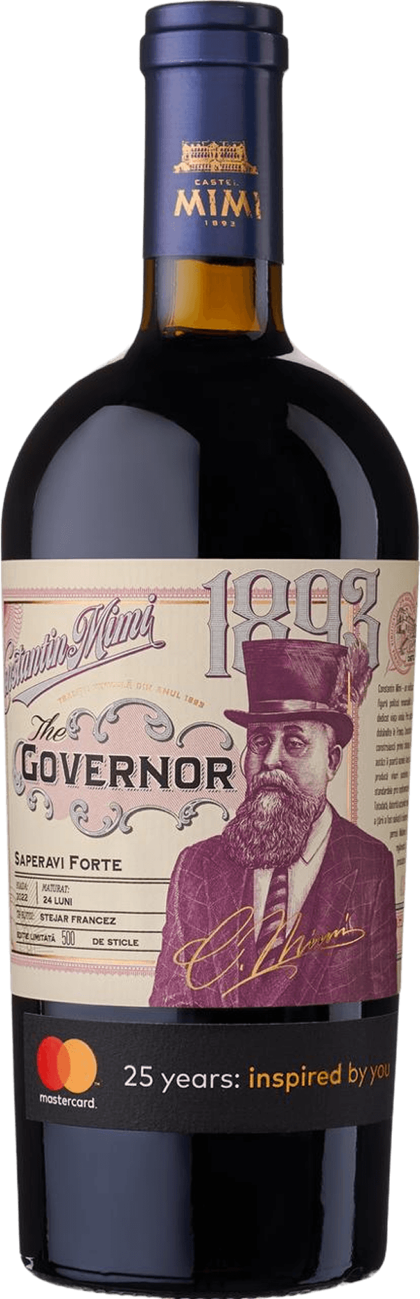 Wine bottle with purple capsule and a beige label reading 'The Governor' featuring a bearded man portrait and vintage styling.