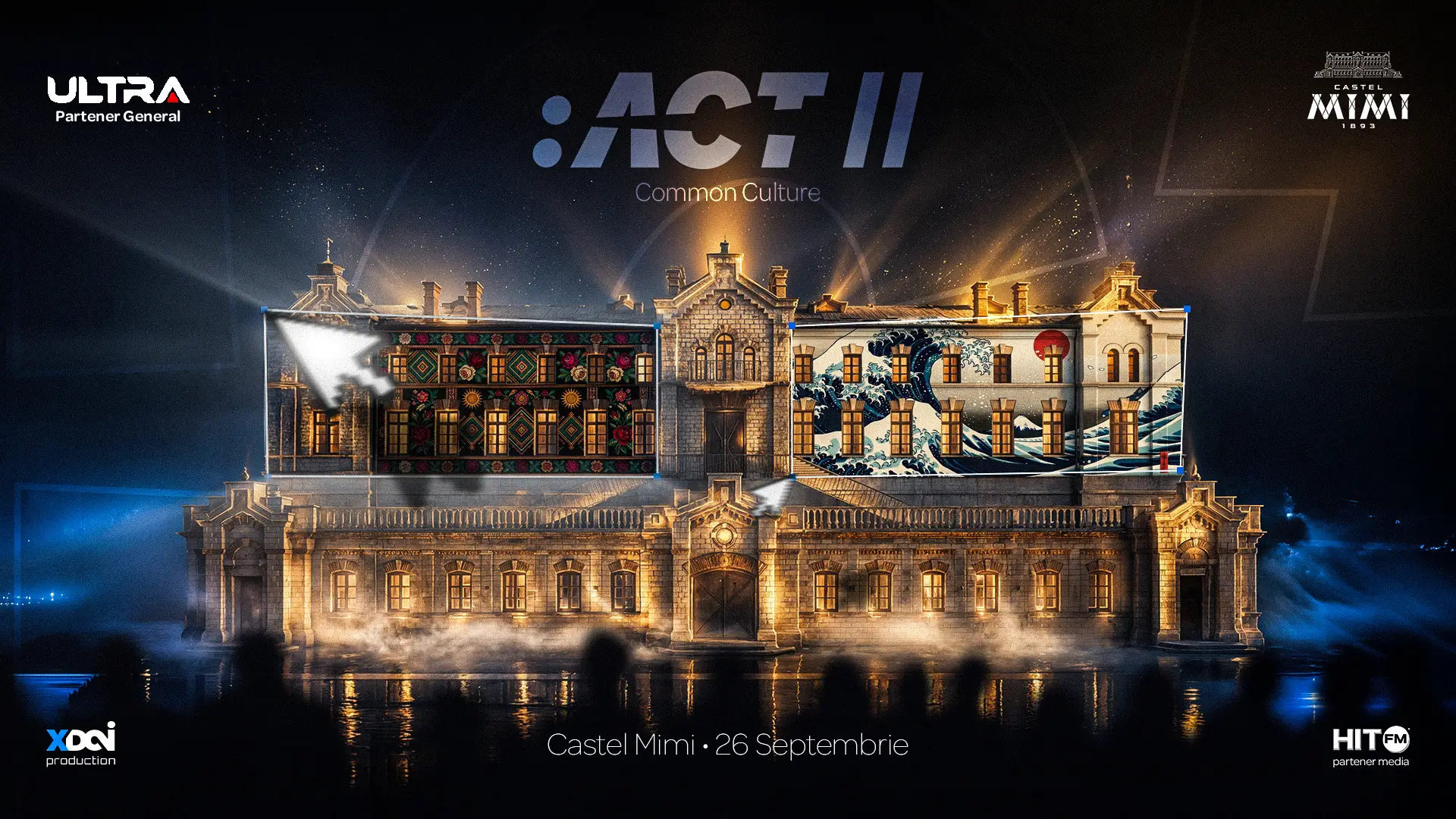 Promotional banner on a historic building facade featuring two ornate wall panels (floral pattern left, Great Wave right) with ACT II Common Culture text above and sponsor logos around.