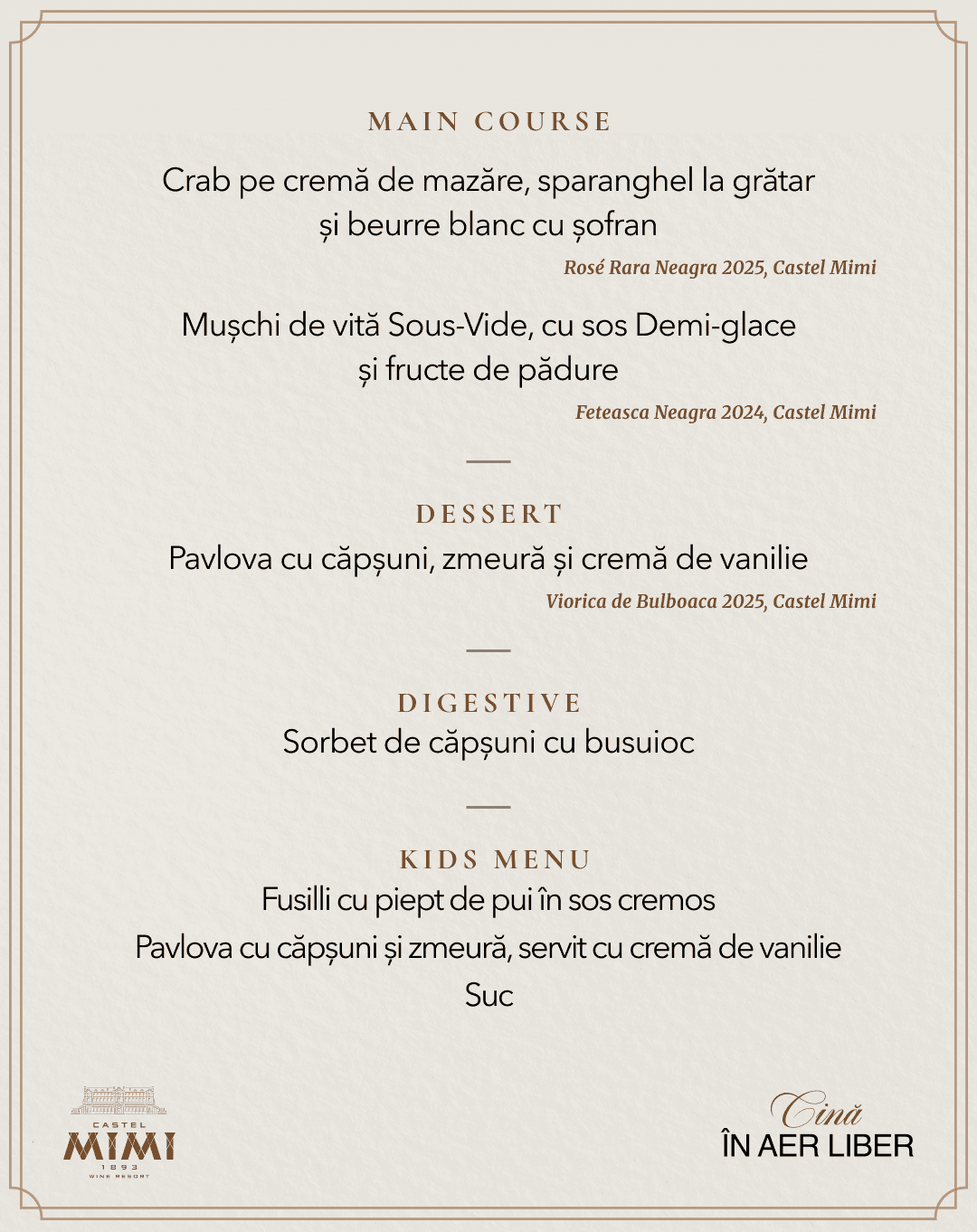 Elegant menu card on cream paper with decorative borders, listing Main Course, Dessert, Digestive, and Kids Menu sections.