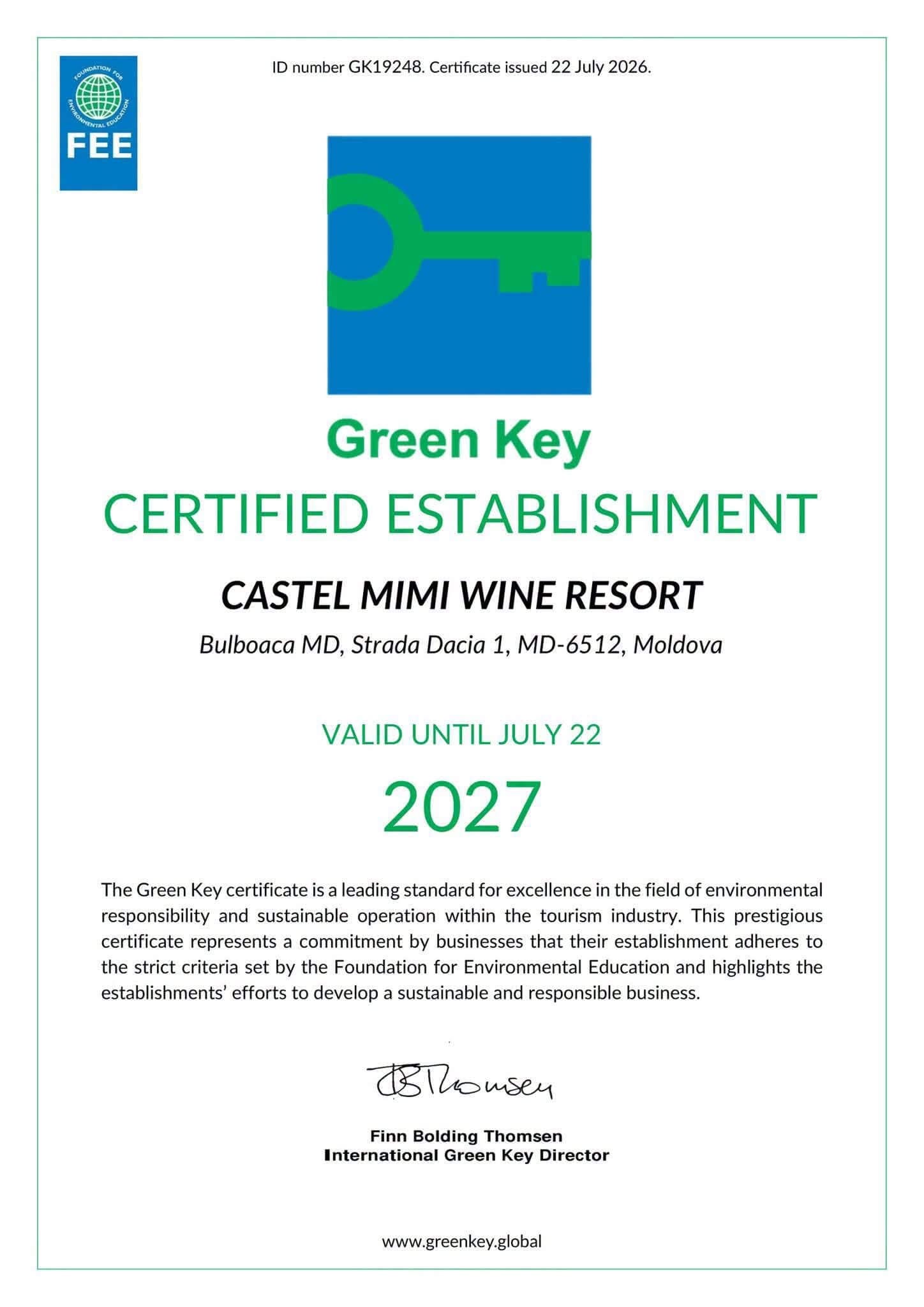 Green Key Certified Establishment certificate for Castel Mimi Wine Resort in Moldova, valid until July 22, 2027, with logo and address details on the page.