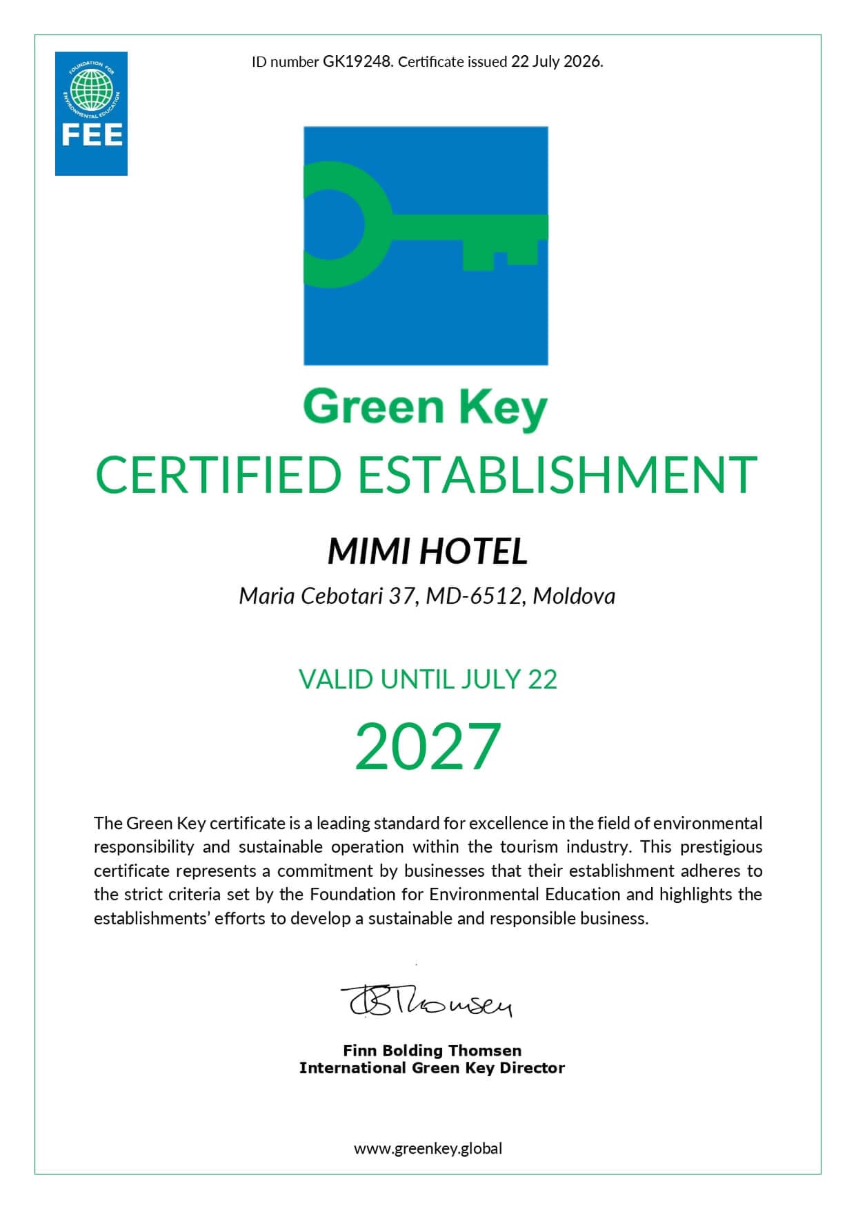 Green Key Certified Establishment certificate for Mimi Hotel, Moldova, valid until July 22, 2027, shown with logo on the left.