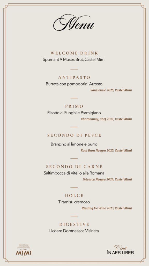 Elegant menu card on a cream background with a decorative brown border and a large 'Menu' title; lists courses in Italian with wine pairings and chef notes.